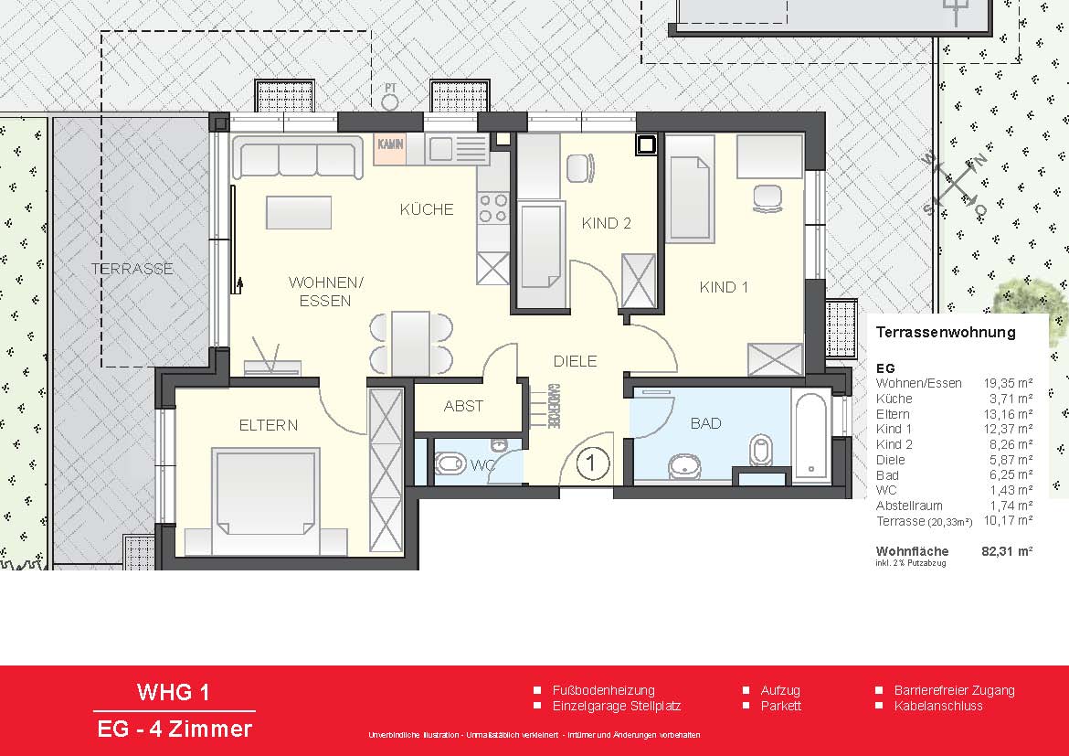 3-Zimmer-Wohnung, Terrasse, eigener Garten, Küche, voll möbliert, Einzel-Garage - 2D Grundriss WHG1 (811)