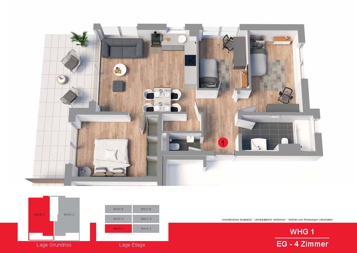3-Zimmer-Wohnung, Terrasse, eigener Garten, Küche, voll möbliert, Einzel-Garage - 3D Grundriss WHG1 (812)