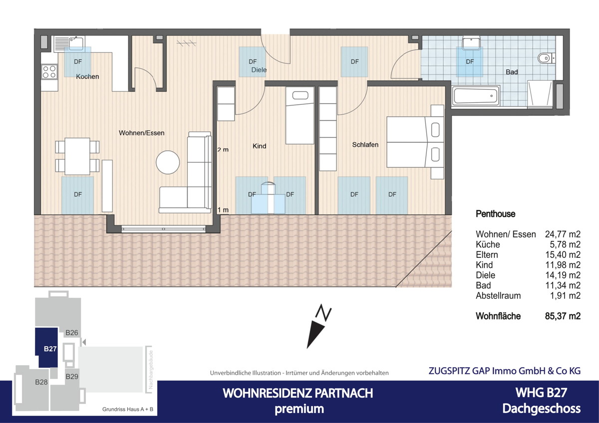 WOHNRESIDENZ PARTNACH - 3 Zi Wohnung - B27 - 2D Grundriss (57863)
